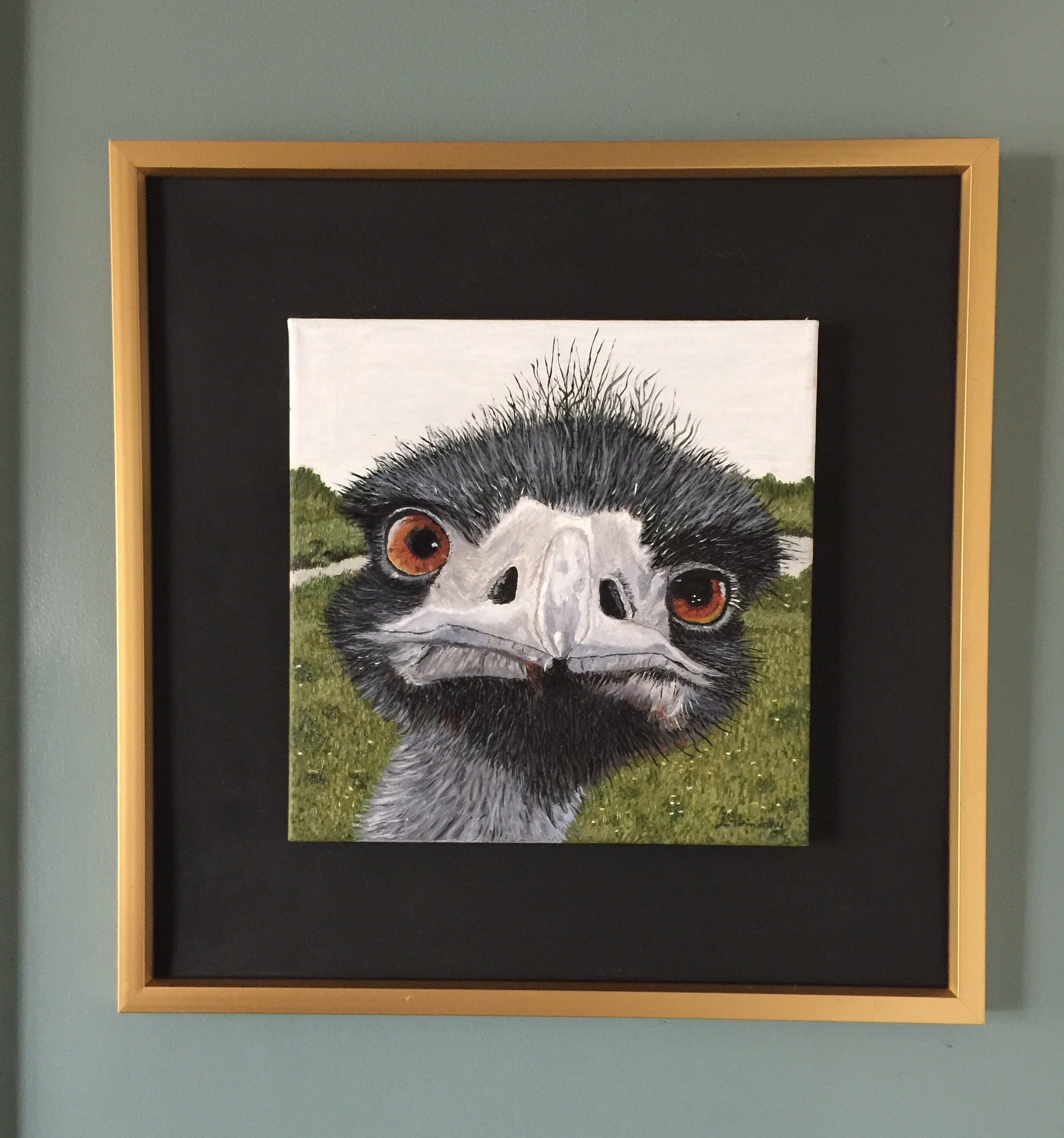Ostrich Painting 12x 12 oil framed 2-14-2017